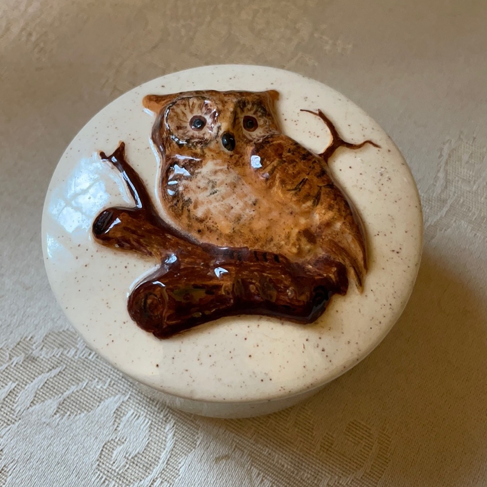 MCM brown glazed owl on tree branch trinket dish, speckled glaze stoneware